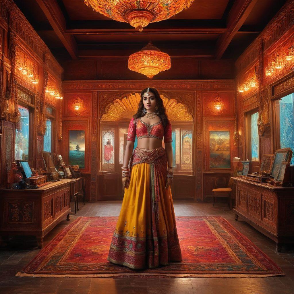 A colorful, bustling Indian film set, with directors, actors, and vibrant costumes, all surrounded by intricate traditional patterns and textures. Include a dramatic lighting effect to showcase the allure and glamour of erotic cinema, while hints of technology like streaming screens peek through in the background. The atmosphere should be lively and engaging, reflecting the energetic nature of the industry. super-realistic. vibrant colors. cinematic lighting.