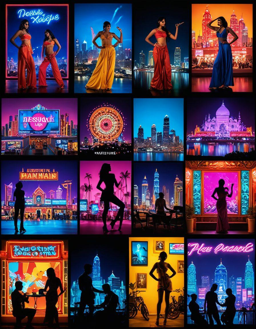 A captivating collage depicting the multifaceted aspects of the Indian adult entertainment industry, featuring a vibrant city skyline at night, silhouettes of performers, digital screens with diverse content, and colorful neon signs. Incorporate elements of cultural diversity, modernity, and a hint of mystery to portray the dynamics accurately. super-realistic. vibrant colors. urban atmosphere.